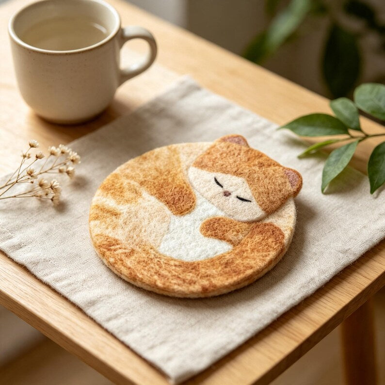 Wool Felt Sleeping Cat Coaster, Round 4 Inch Handmade Desk Decor, Set of 4 Designs