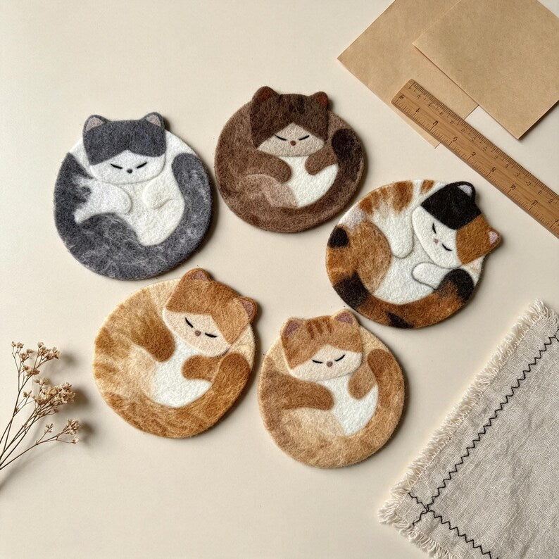 Wool Felt Sleeping Cat Coaster, Round 4 Inch Handmade Desk Decor, Set of 4 Designs