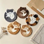 Wool Felt Sleeping Cat Coaster, Round 4 Inch Handmade Desk Decor, Set of 4 Designs