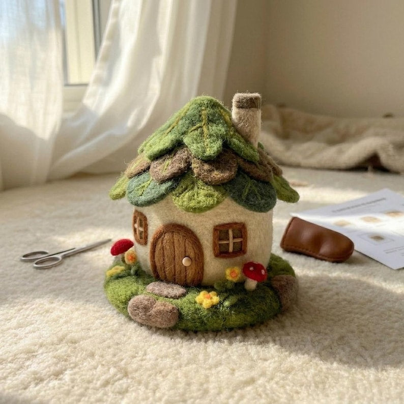 Handmade Needle Felted Fairy House, Merino Wool Miniature Cottage Decor, 2.5–3 Inch Multicolor Wool Sculpture