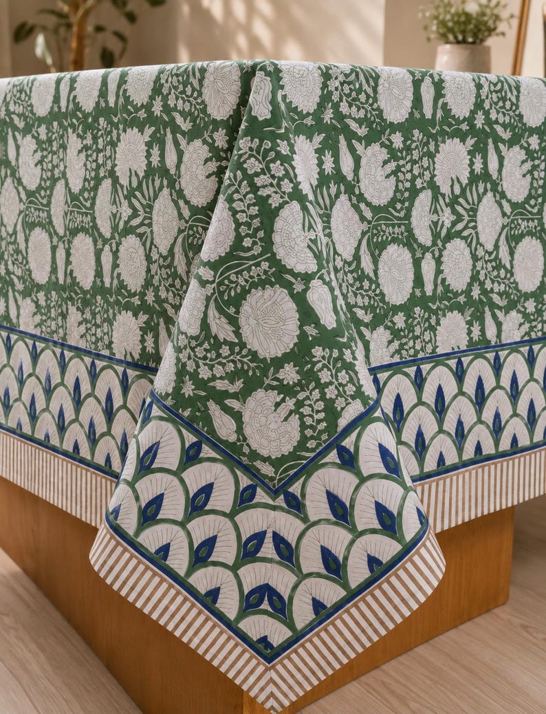 Cotton Block Print Tablecloth Floral Square Rectangle Round Dining Table Cover Handmade Boho