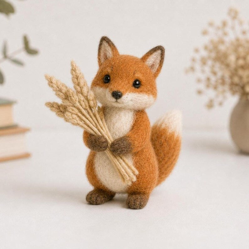 Needle Felted Wool Woodland Animal Figurines, Set of 6 Autumn Harvest Fall Decor, 3-4 Inch