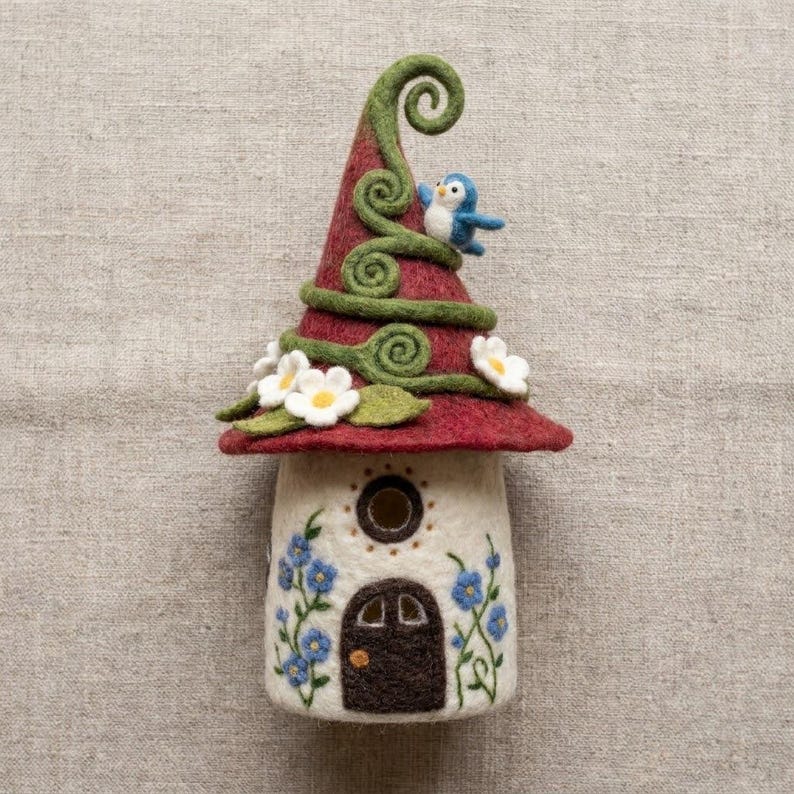Handmade Needle Felted Fairy House, Merino Wool Miniature Cottage Decor, Colorful Fairy Garden Ornament, 2.5–3 Inch
