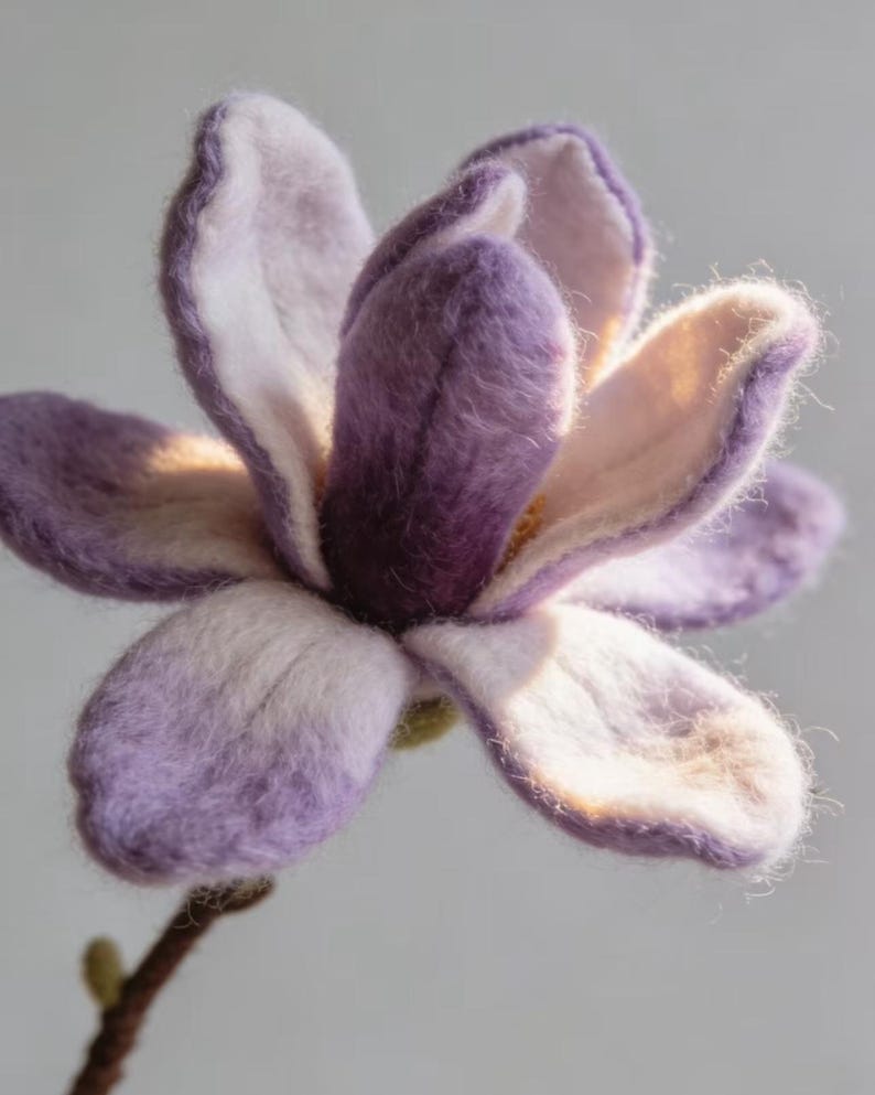 Needle Felted Purple Magnolia Flower Branch, Handmade Wool Spring Blossom, 6 Inch