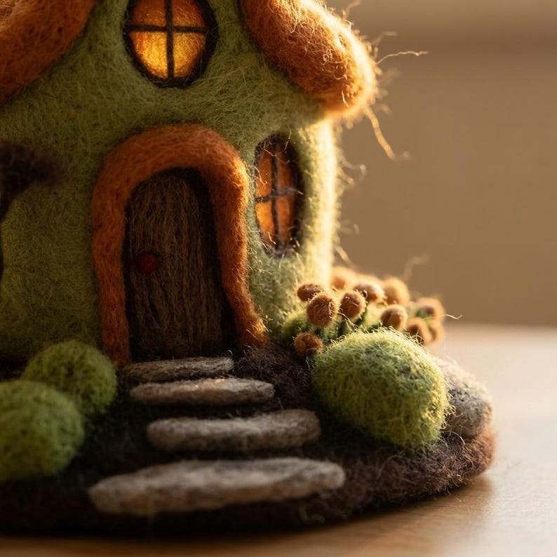Handmade Needle Felted Woodland Fairy Cottage | 6–8cm Mini Wool Fairy House Decor