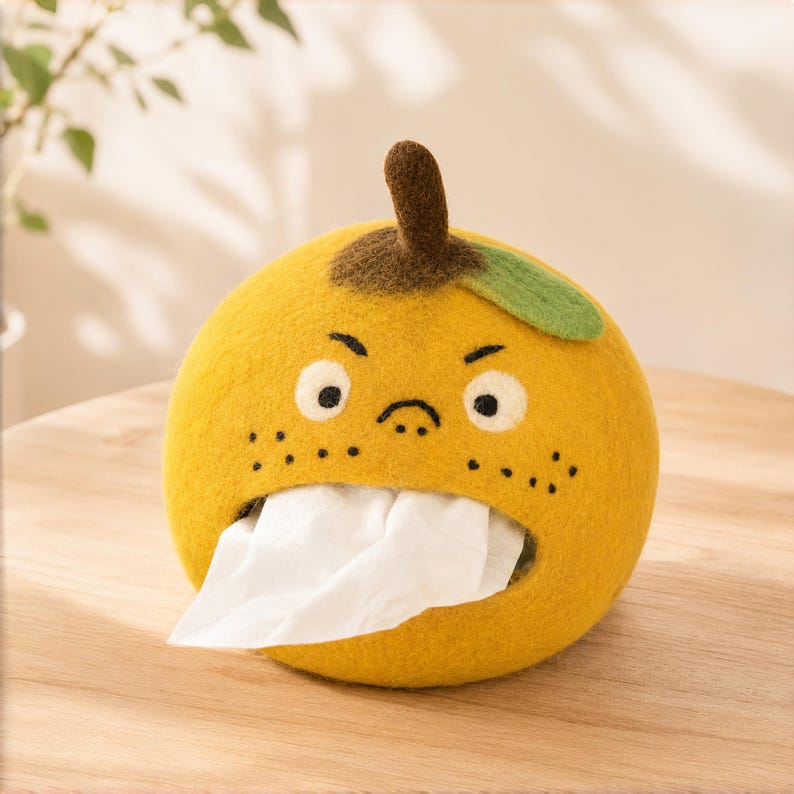 Wool Felt Orange Tissue Box Holder with Grumpy Face, Handmade Desk Decor, 22 cm