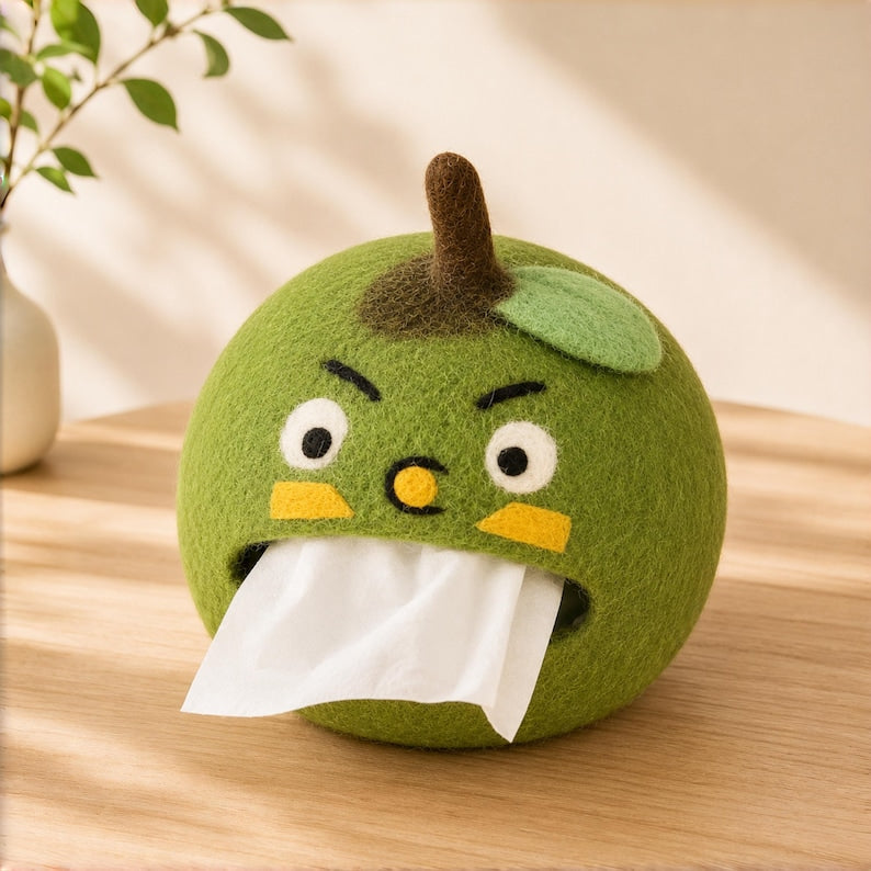 Wool Felt Orange Tissue Box Holder with Grumpy Face, Handmade Desk Decor, 22 cm