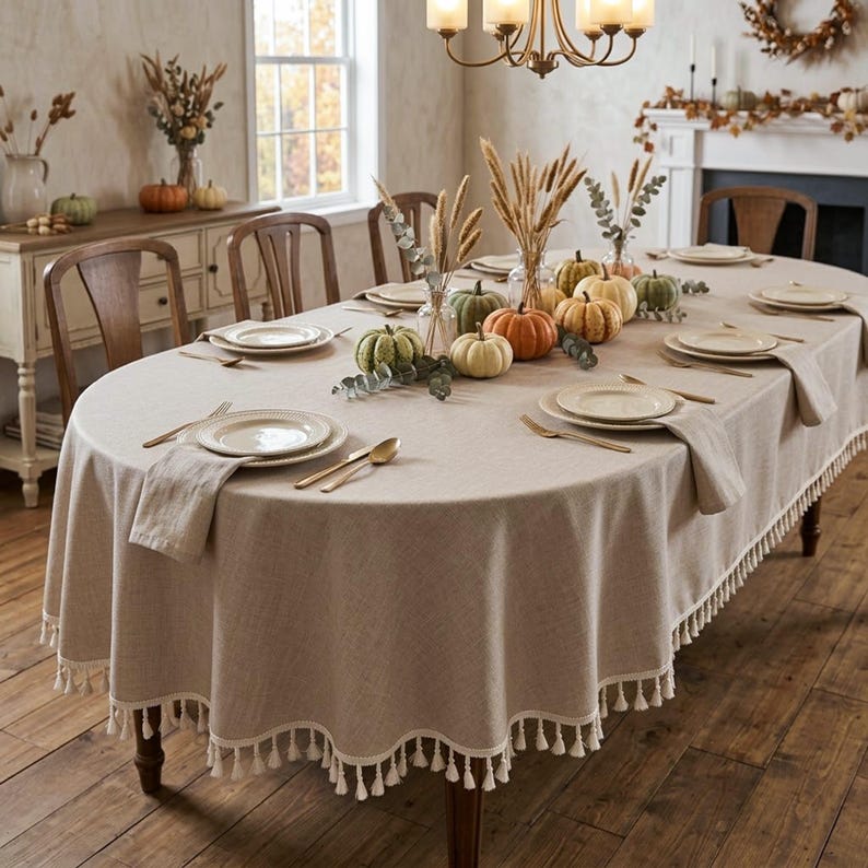 Waterproof Oval & Round Oilcloth Tablecloth, Oatmeal Beige Linen Texture, Large Dining Table Cover with Fringe