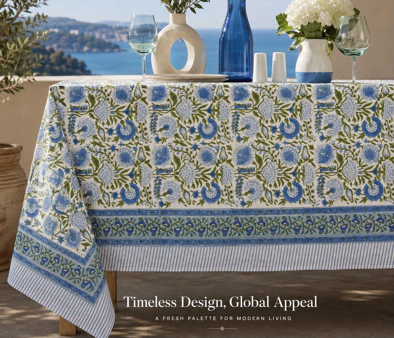 Floral Cotton Tablecloth Hand Block Print Square Rectangle Round