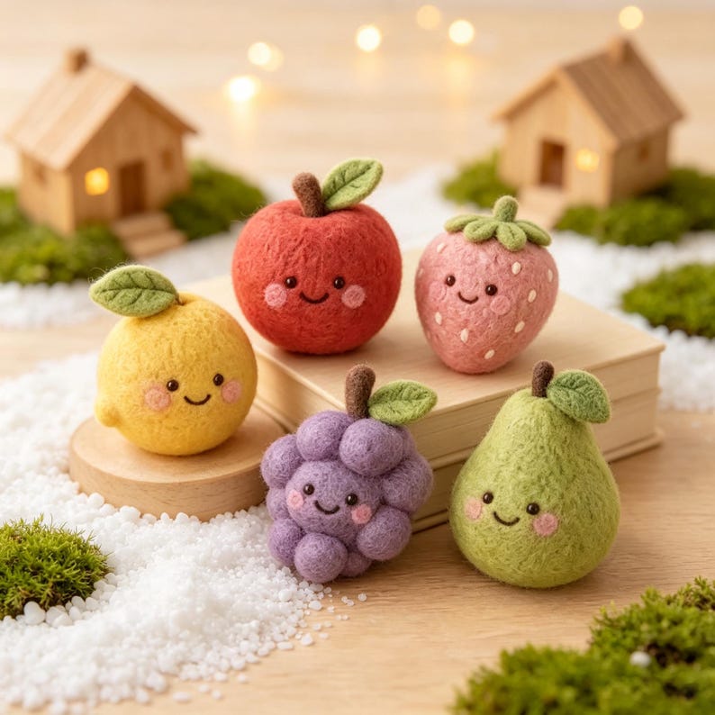Needle Felted Fruit Figurine Set – Wool Apple Strawberry Lemon Grape Pear Ornaments, Miniature Desk Decor