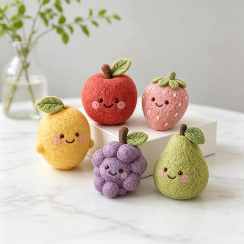 Needle Felted Fruit Figurine Set – Wool Apple Strawberry Lemon Grape Pear Ornaments, Miniature Desk Decor