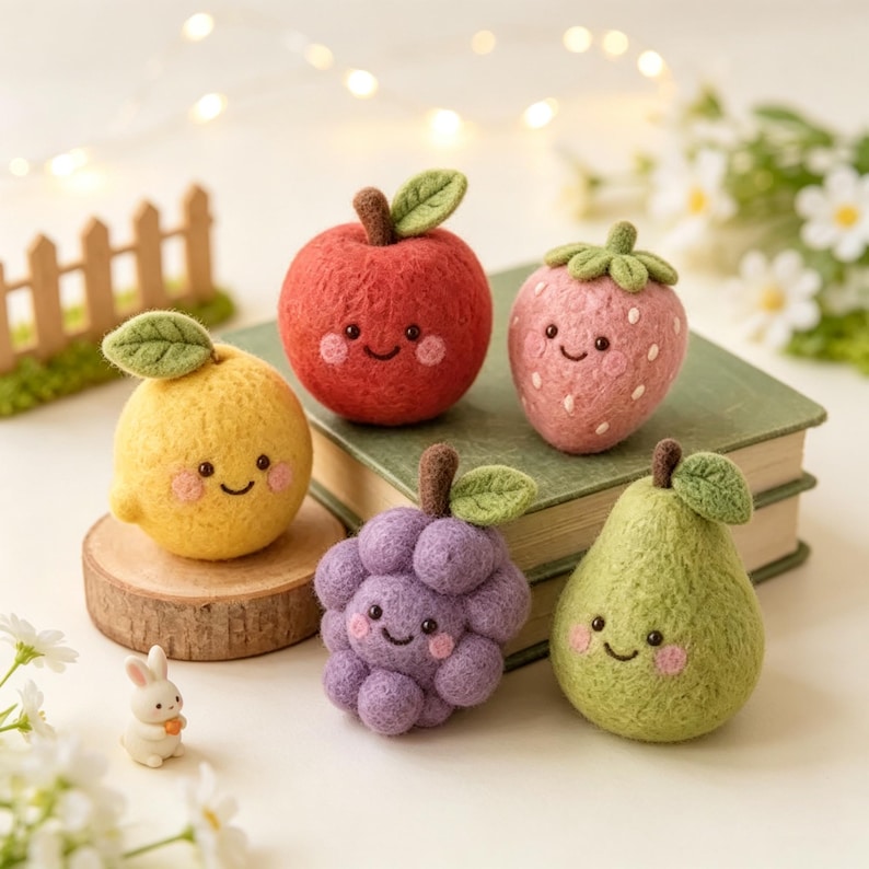 Needle Felted Fruit Figurine Set – Wool Apple Strawberry Lemon Grape Pear Ornaments, Miniature Desk Decor
