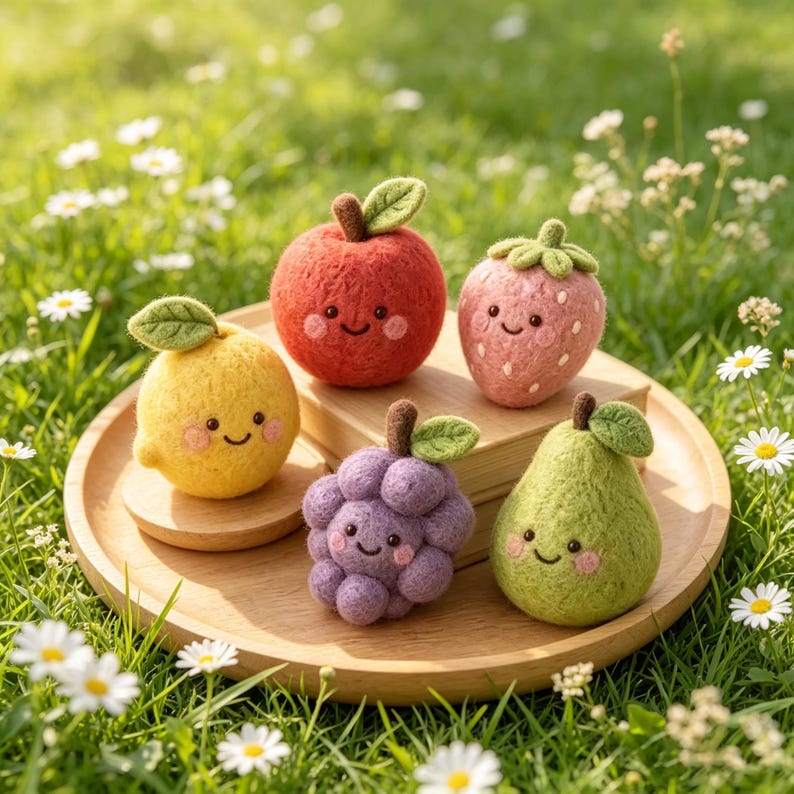 Needle Felted Fruit Figurine Set – Wool Apple Strawberry Lemon Grape Pear Ornaments, Miniature Desk Decor