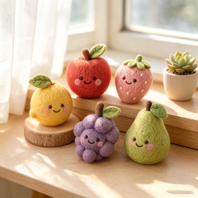 Needle Felted Fruit Figurine Set – Wool Apple Strawberry Lemon Grape Pear Ornaments, Miniature Desk Decor