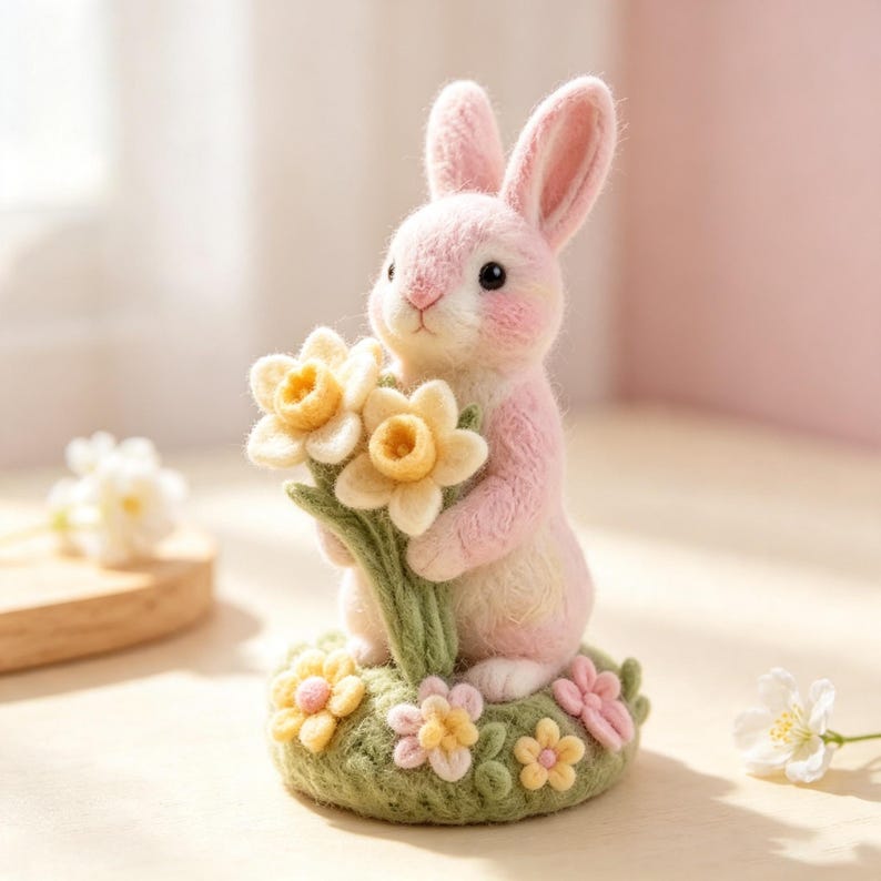 Hand Needle Felt Pink Bunny Figurine Holding Daffodil Flowers, Wool Felt Rabbit Ornament, Miniature Spring Floral Desk Decor