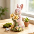 Hand Needle Felt Pink Bunny Figurine Holding Daffodil Flowers, Wool Felt Rabbit Ornament, Miniature Spring Floral Desk Decor