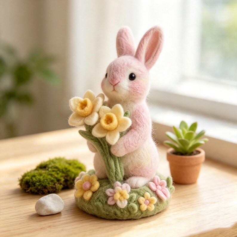 Hand Needle Felt Pink Bunny Figurine Holding Daffodil Flowers, Wool Felt Rabbit Ornament, Miniature Spring Floral Desk Decor