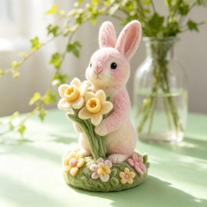 Hand Needle Felt Pink Bunny Figurine Holding Daffodil Flowers, Wool Felt Rabbit Ornament, Miniature Spring Floral Desk Decor
