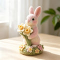 Hand Needle Felt Pink Bunny Figurine Holding Daffodil Flowers, Wool Felt Rabbit Ornament, Miniature Spring Floral Desk Decor