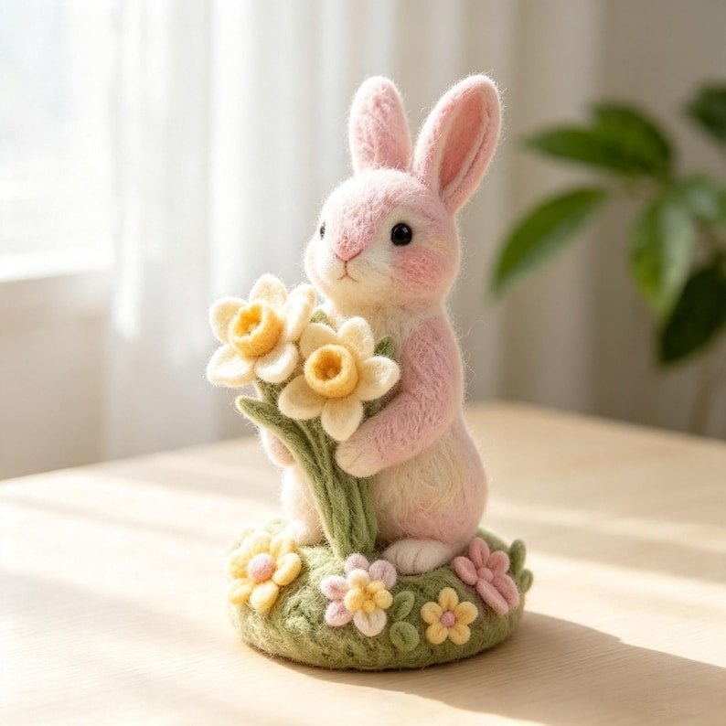 Hand Needle Felt Pink Bunny Figurine Holding Daffodil Flowers, Wool Felt Rabbit Ornament, Miniature Spring Floral Desk Decor