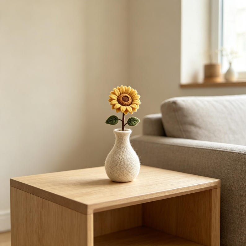 Needle Felted Wool Flower Branch with Optional Felt Vase, Handmade Floral Table Decor, 4 in Stem, 2 in Vase
