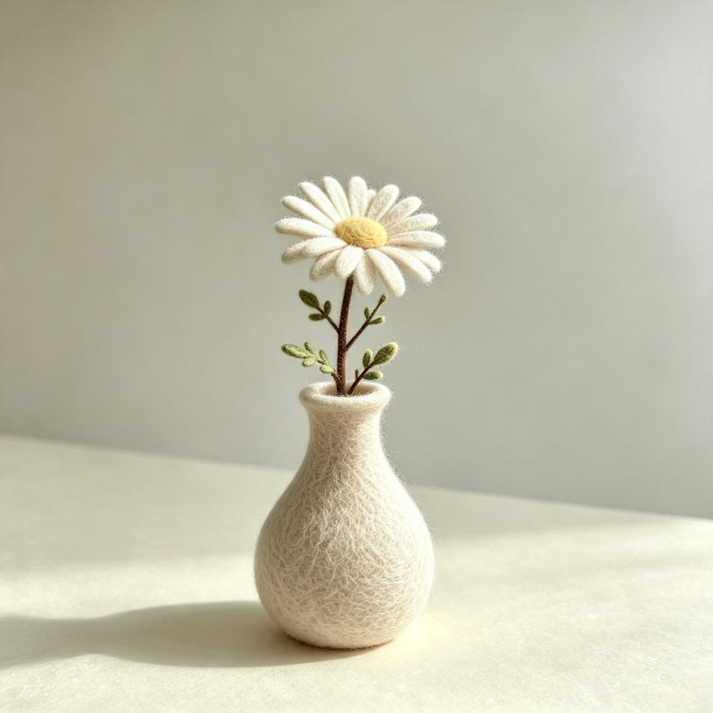 Needle Felted Wool Flower Branch with Optional Felt Vase, Handmade Floral Table Decor, 4 in Stem, 2 in Vase