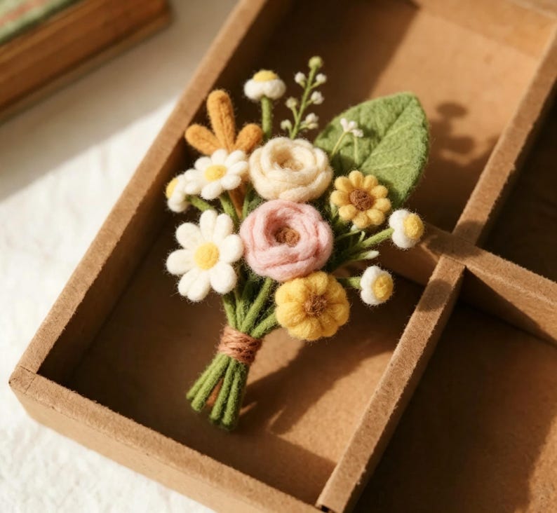 Needle Felted Wool Flower Branch 3.5 Inch Handmade Eternal Floral Stem for Home Desktop Decor