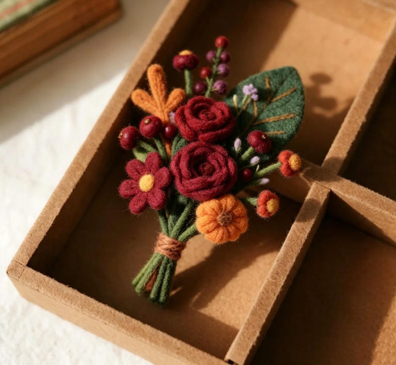 Needle Felted Wool Flower Branch 3.5 Inch Handmade Eternal Floral Stem for Home Desktop Decor