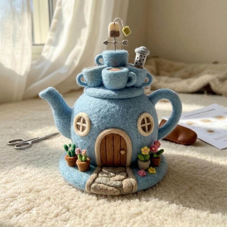 Handmade Needle Felted Mini Teapot House | 6–8cm Wool Fairy Teapot Home Decor