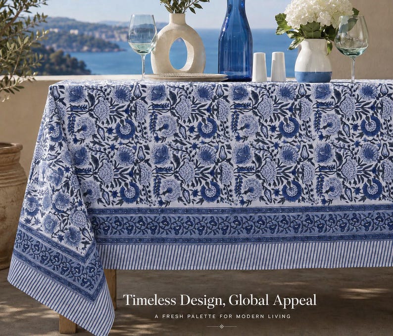 Floral Cotton Tablecloth Hand Block Print Square Rectangle Round
