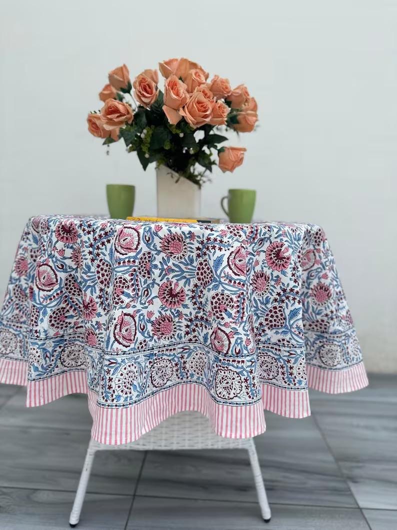 Floral Cotton Tablecloth Hand Block Print Square Rectangle Round