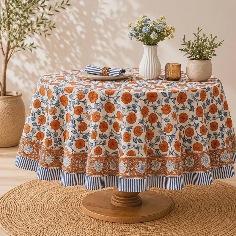 Floral Cotton Tablecloth Hand Block Print Square Rectangle Round