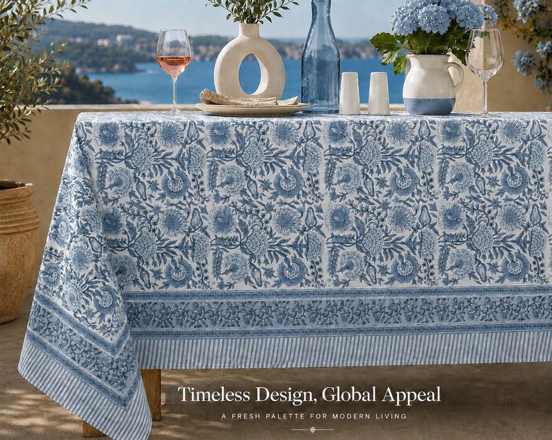 Floral Cotton Tablecloth Hand Block Print Square Rectangle Round