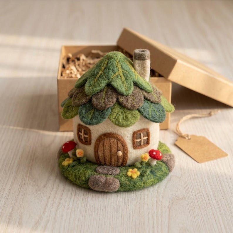 Handmade Needle Felted Fairy House, Merino Wool Miniature Cottage Decor, 2.5–3 Inch Multicolor Wool Sculpture