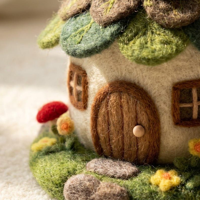 Handmade Needle Felted Fairy House, Merino Wool Miniature Cottage Decor, 2.5–3 Inch Multicolor Wool Sculpture