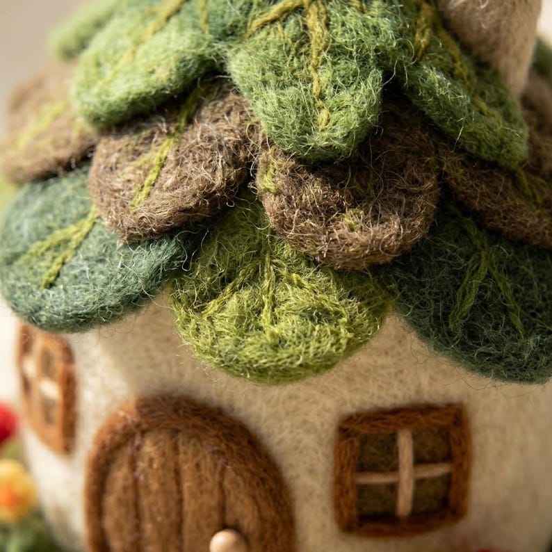 Handmade Needle Felted Fairy House, Merino Wool Miniature Cottage Decor, 2.5–3 Inch Multicolor Wool Sculpture