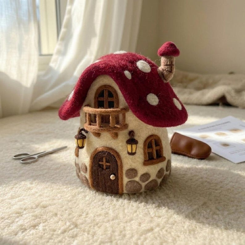 Handmade Needle Felted Mini Mushroom House | 6–8cm Wool Fairy Mushroom Home Decor