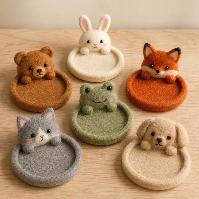 Animal Wool Felt Coasters, Set of 6 Round Drink Mats, Bear Bunny Fox Frog Cat Dog Designs, Multicolor, 10cm Diameter