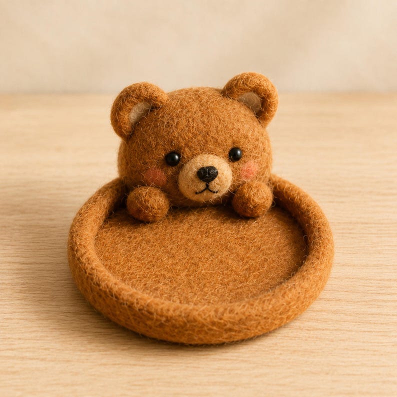 Animal Wool Felt Coasters, Set of 6 Round Drink Mats, Bear Bunny Fox Frog Cat Dog Designs, Multicolor, 10cm Diameter