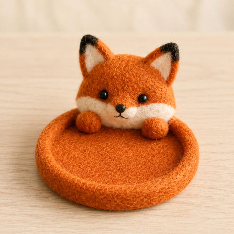 Animal Wool Felt Coasters, Set of 6 Round Drink Mats, Bear Bunny Fox Frog Cat Dog Designs, Multicolor, 10cm Diameter