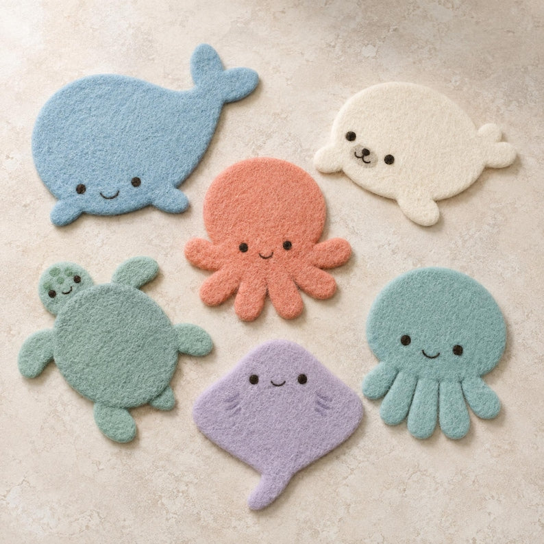 Wool Felt Sea Animal Coasters Set of 6 Whale Seal Octopus Turtle Stingray Jellyfish Mug Mats 10cm