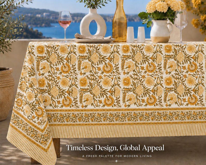 Floral Cotton Tablecloth Hand Block Print Square Rectangle Round