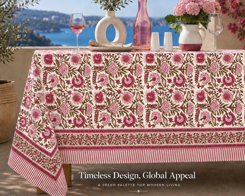 Floral Cotton Tablecloth Hand Block Print Square Rectangle Round