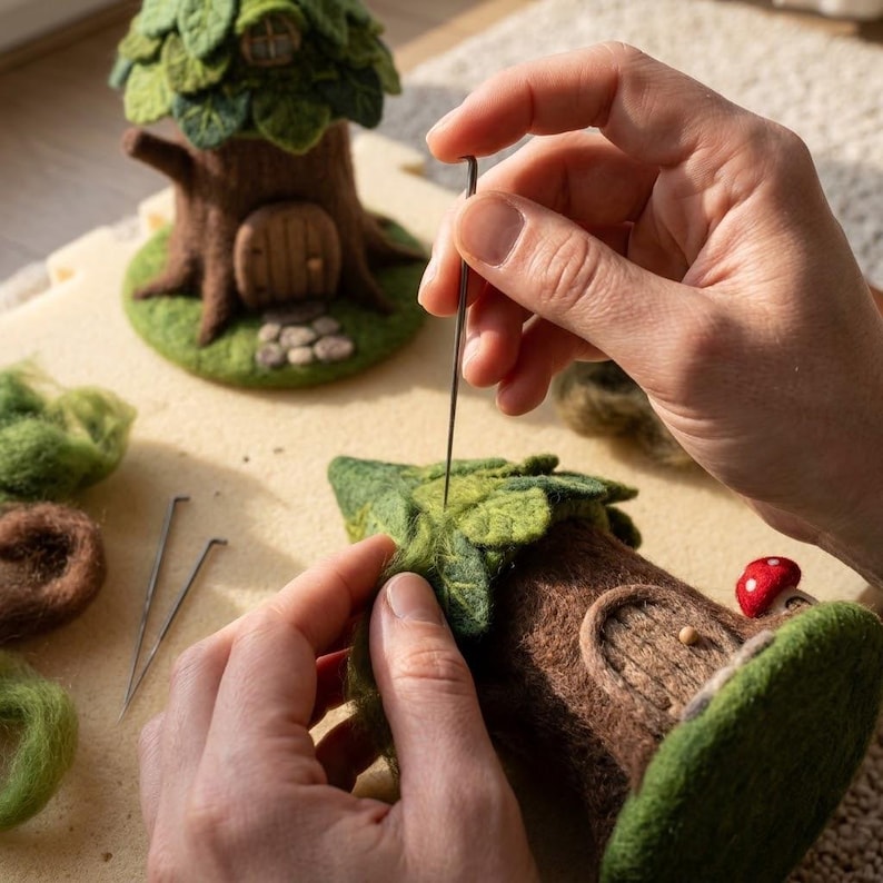 Handmade Needle Felted Mini Forest Tree House | 6–8cm Wool Fairy Treehouse Decor