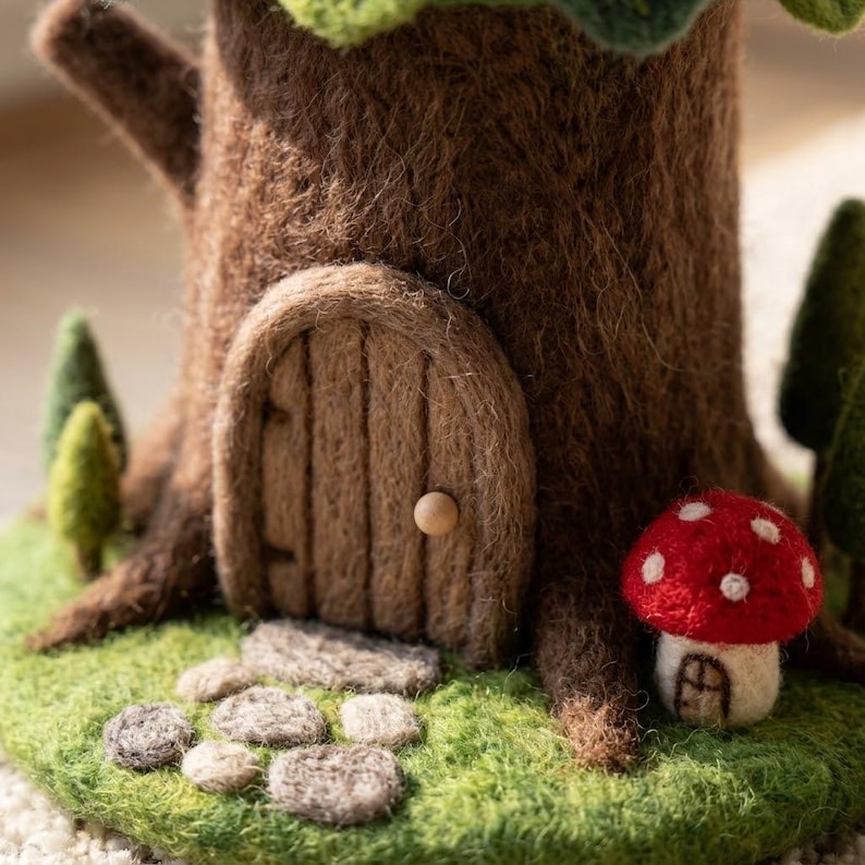 Handmade Needle Felted Mini Forest Tree House | 6–8cm Wool Fairy Treehouse Decor