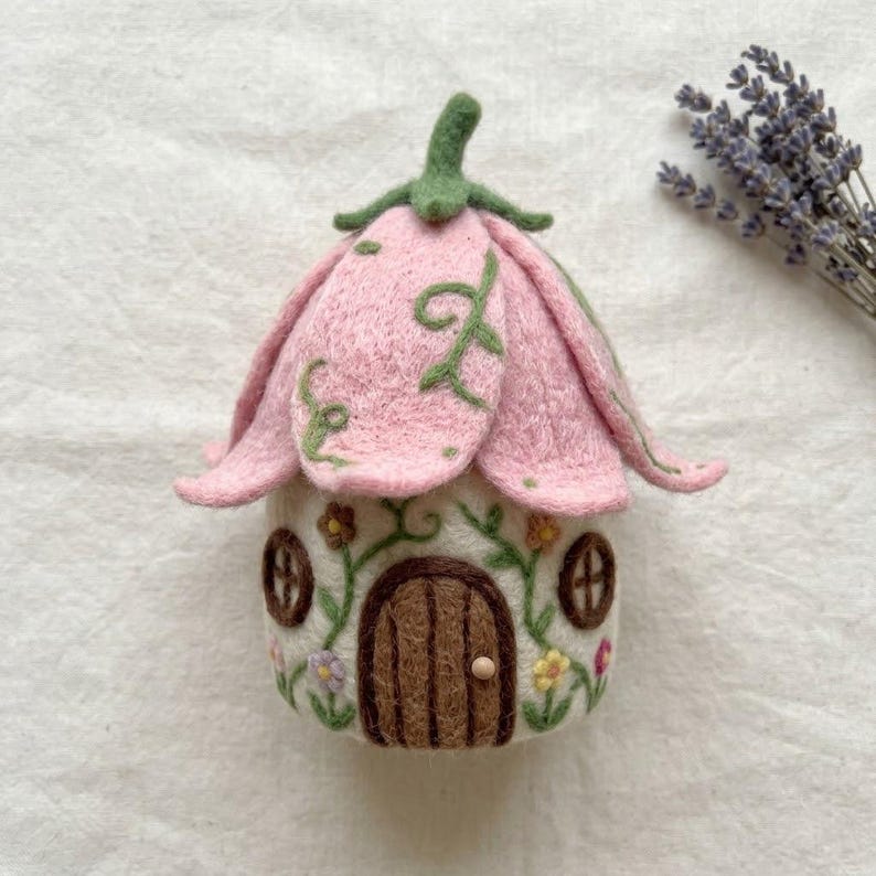 Needle Felted Flower House Decor, Miniature Wool Cottage Sculpture, Multicolor Handmade Fairy Garden Ornament, 2.5–3 Inch