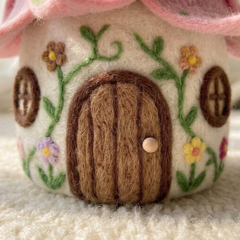 Needle Felted Flower House Decor, Miniature Wool Cottage Sculpture, Multicolor Handmade Fairy Garden Ornament, 2.5–3 Inch