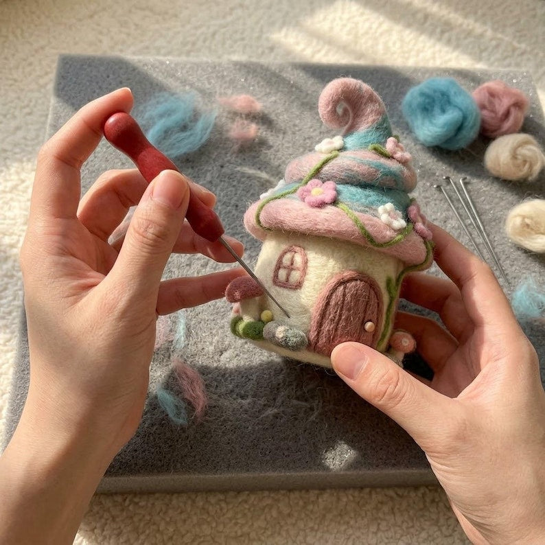 Handmade Needle Felted Fairy Cottage with Flowers & Mushrooms | 6–8cm Wool Fairy House Decor