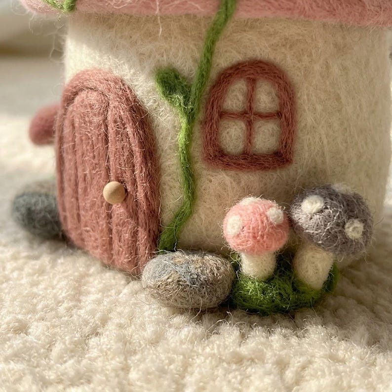 Handmade Needle Felted Fairy Cottage with Flowers & Mushrooms | 6–8cm Wool Fairy House Decor