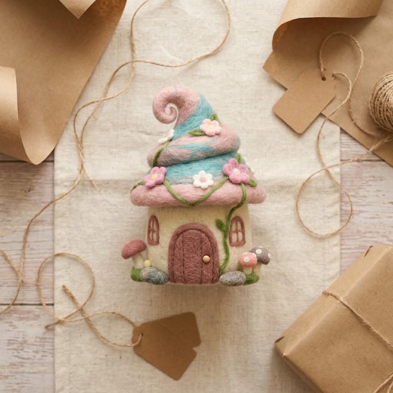 Handmade Needle Felted Fairy Cottage with Flowers & Mushrooms | 6–8cm Wool Fairy House Decor
